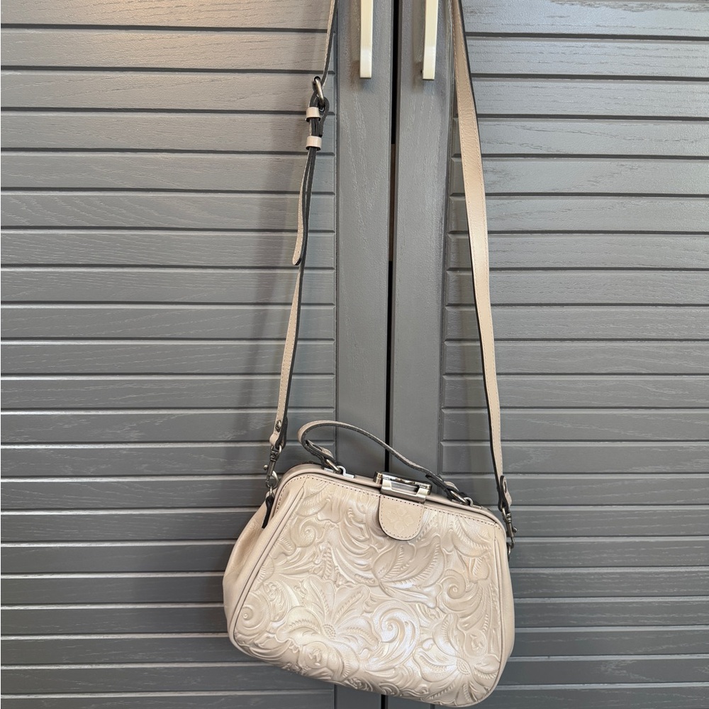 Patricia Nash Stone Grey Graccie Leather Satchel / Crossbody Embossed Bag